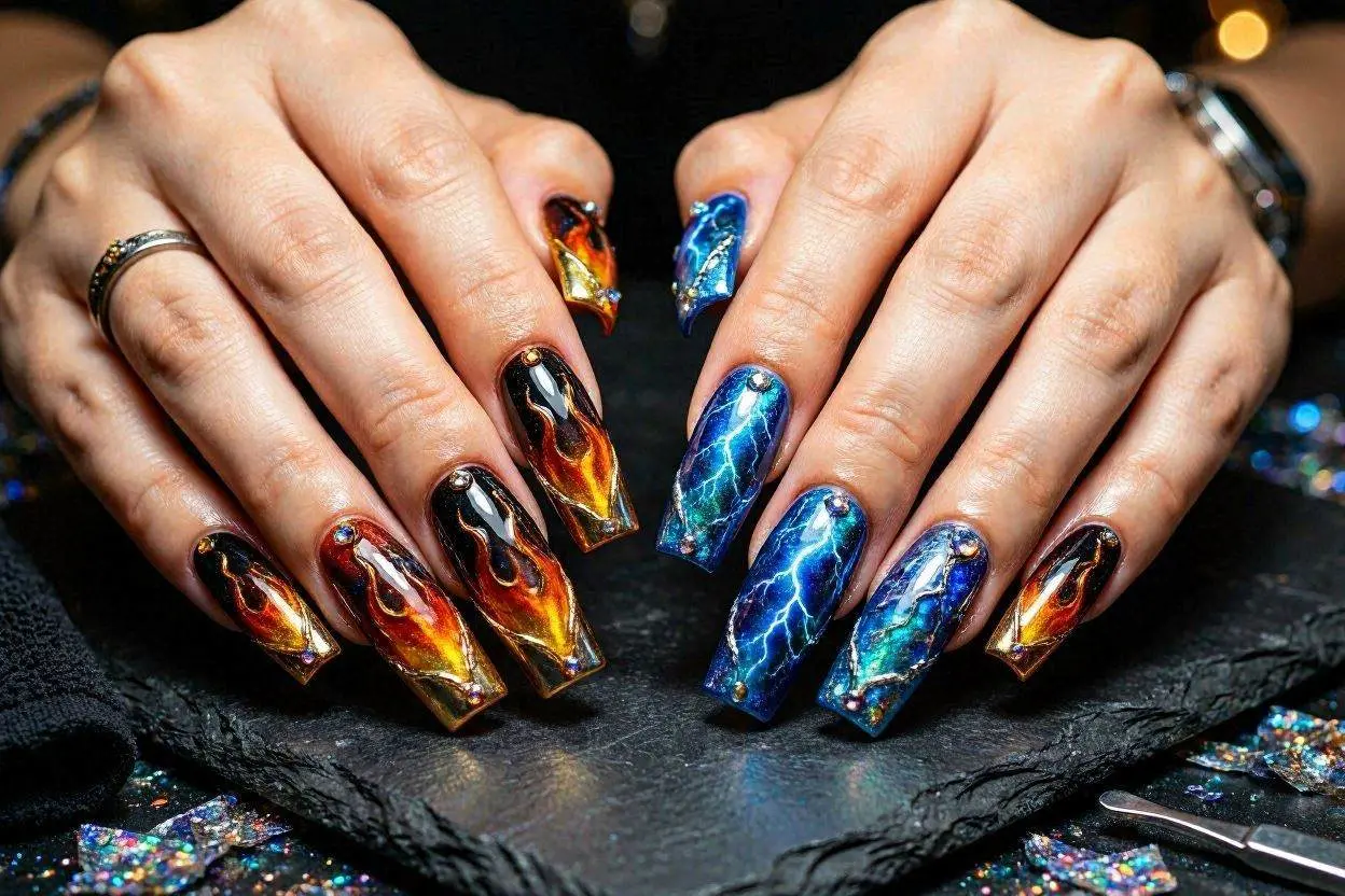 140+ XXL Nail Ideas That Are Bold, Trendy, and Impossible to Ignore 13 Fire Lightning and Energy-Inspired xxl Nails