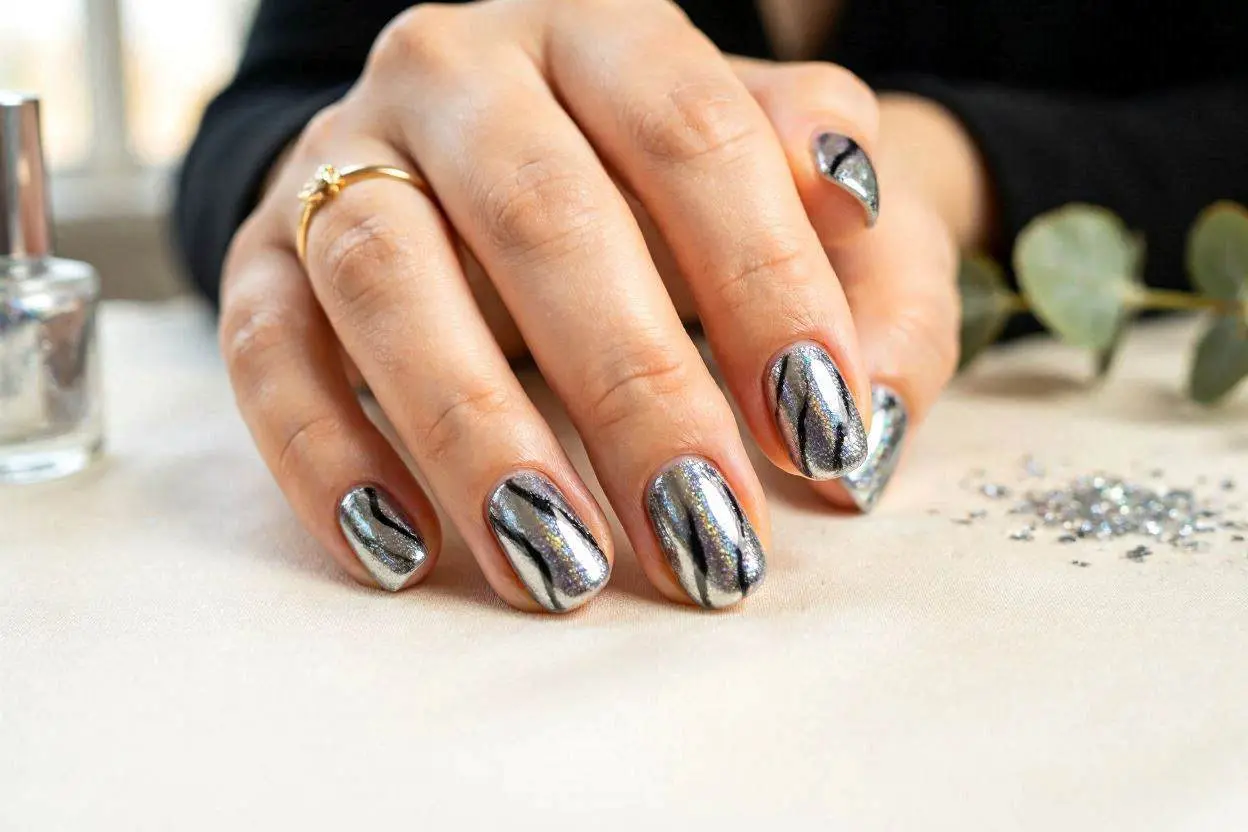 Glitter Chrome Sparkle Zebra Nails