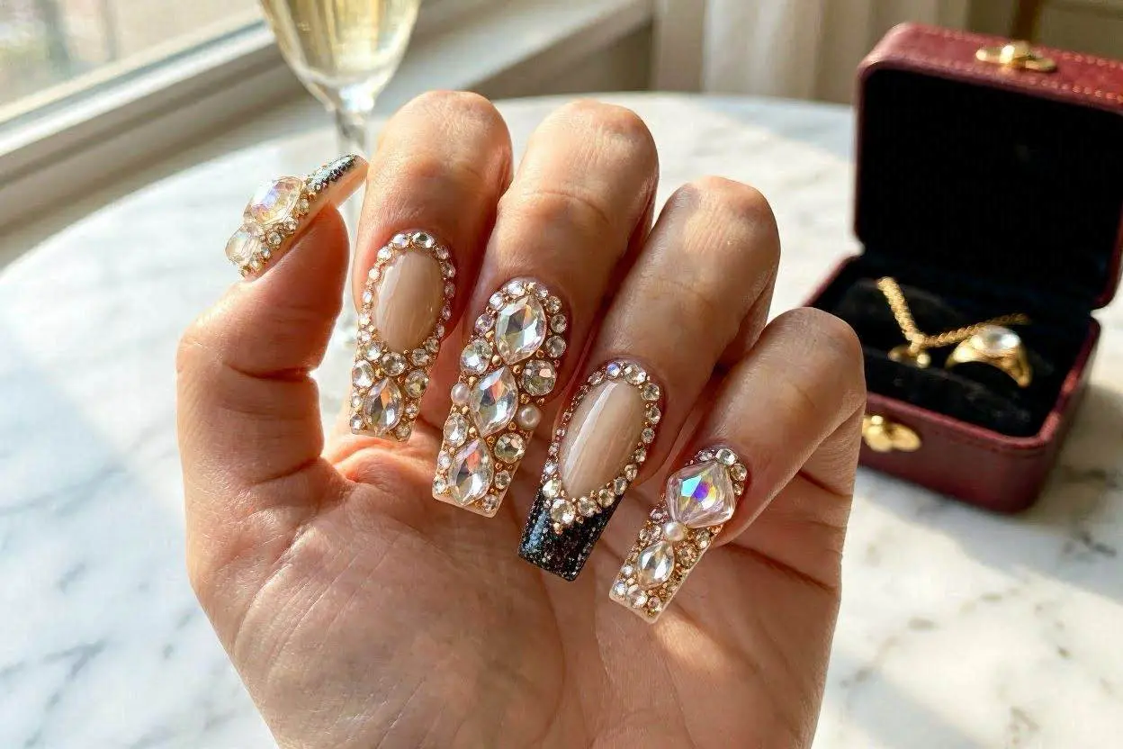140+ XXL Nail Ideas That Are Bold, Trendy, and Impossible to Ignore 5 Luxury Crystal and Rhinestone Nail Art