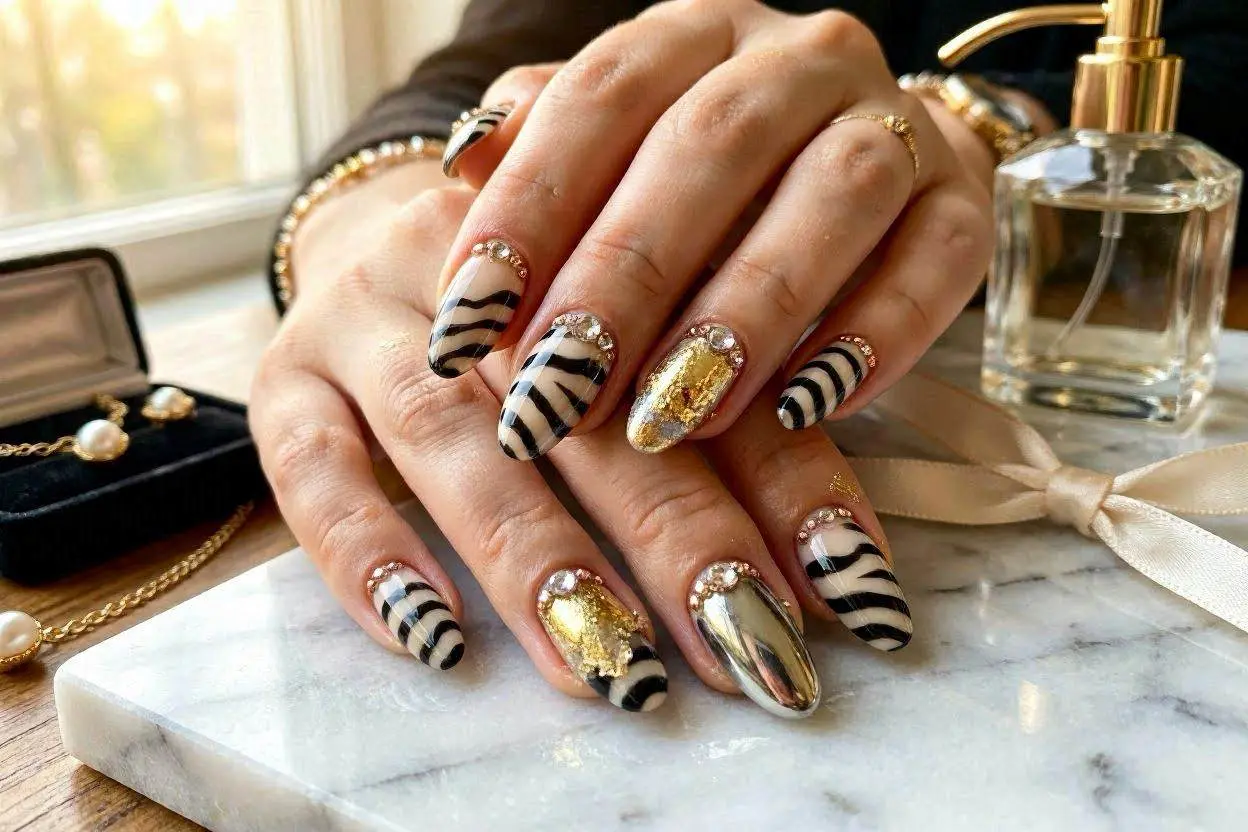 Luxury Embellished Zebra Nails