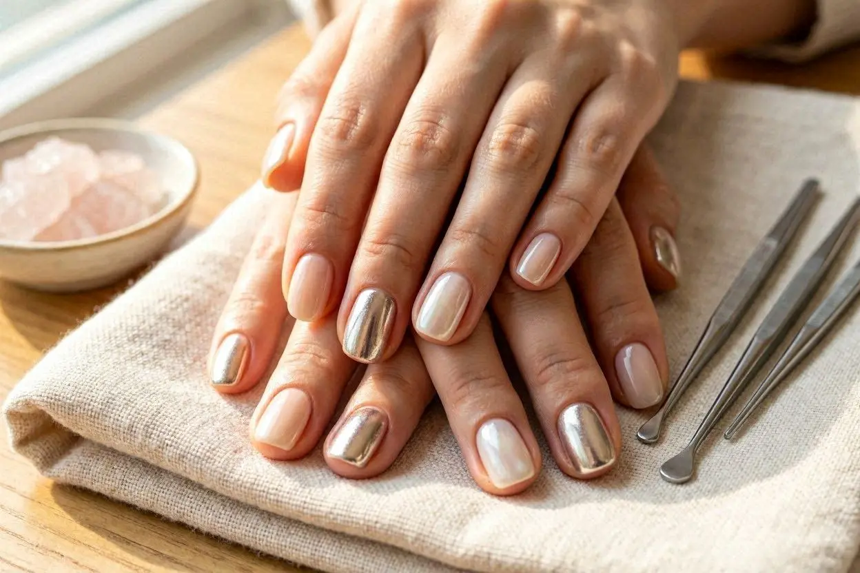 Nude Chrome and Glazed Nails