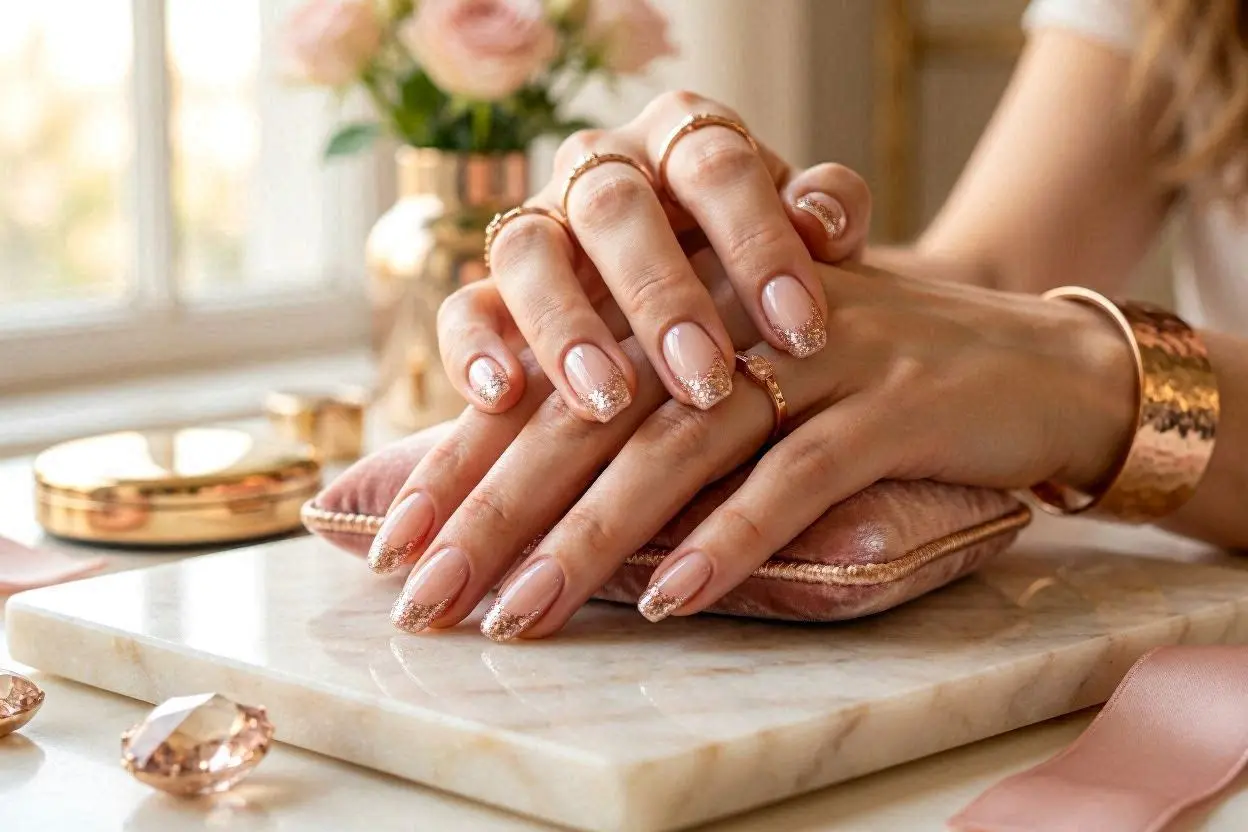Rose Gold Glitter Tip Nails