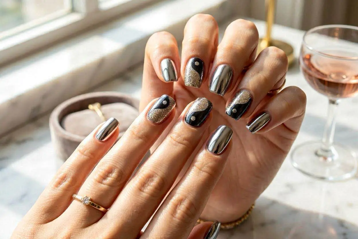 Chrome, Glitter, and Luxury Yin Yang Nail Art