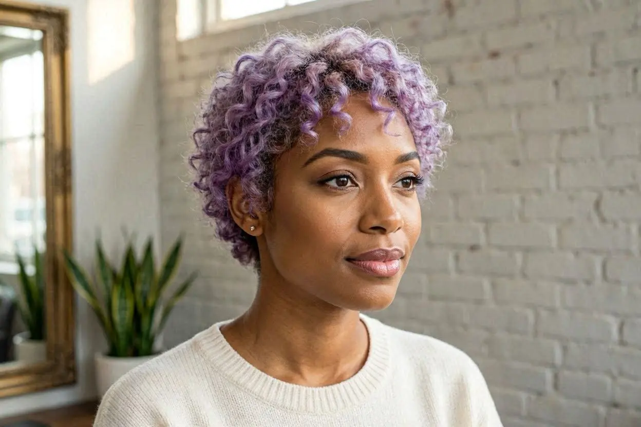 African American short curly pastel purple hairstyle