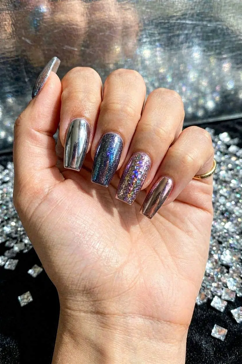 Glitter and Chrome Coffin Nail Ideas