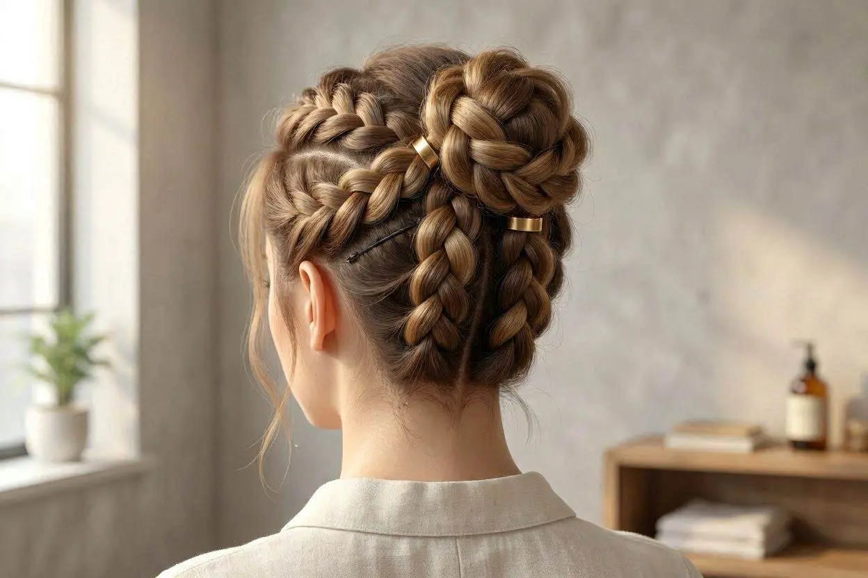 Hairstyle Stacked braids gathered into sculptural bun