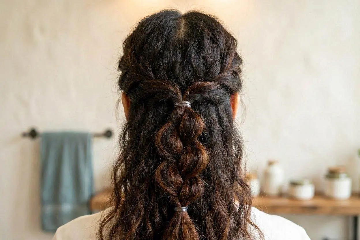 Half up pull-through braid on textured hairstyles