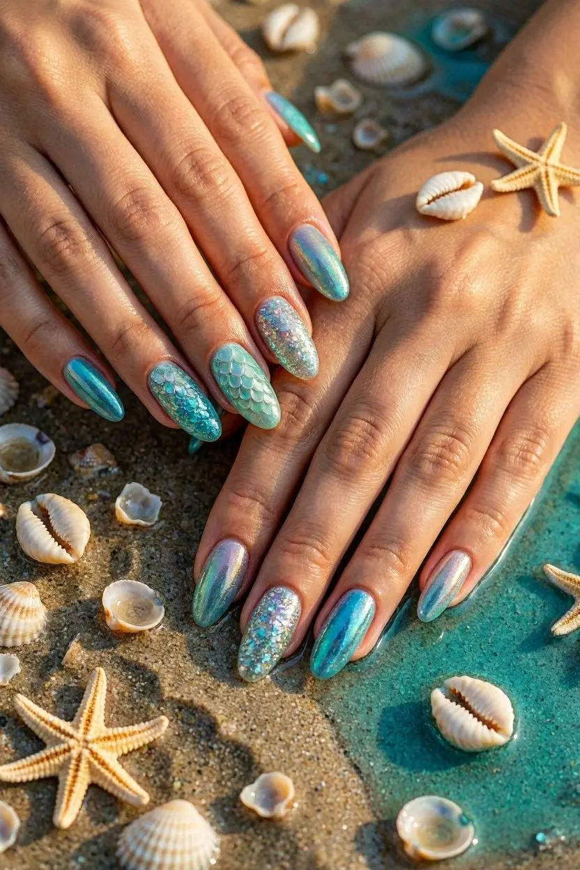 Mermaid & Glitter Aqua Nails