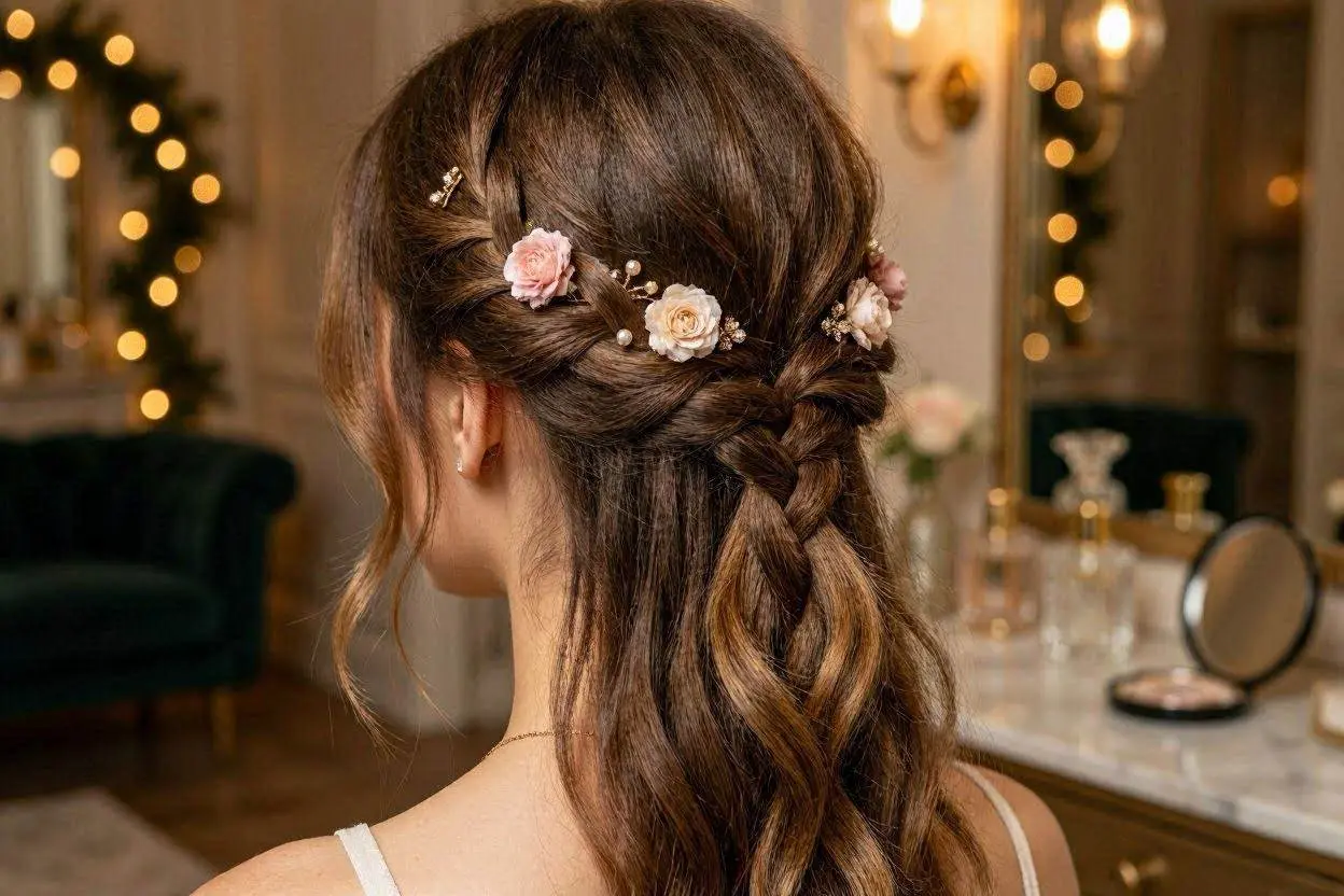 Party Ideas for Long Hair Fishtail Flower Half Up Style