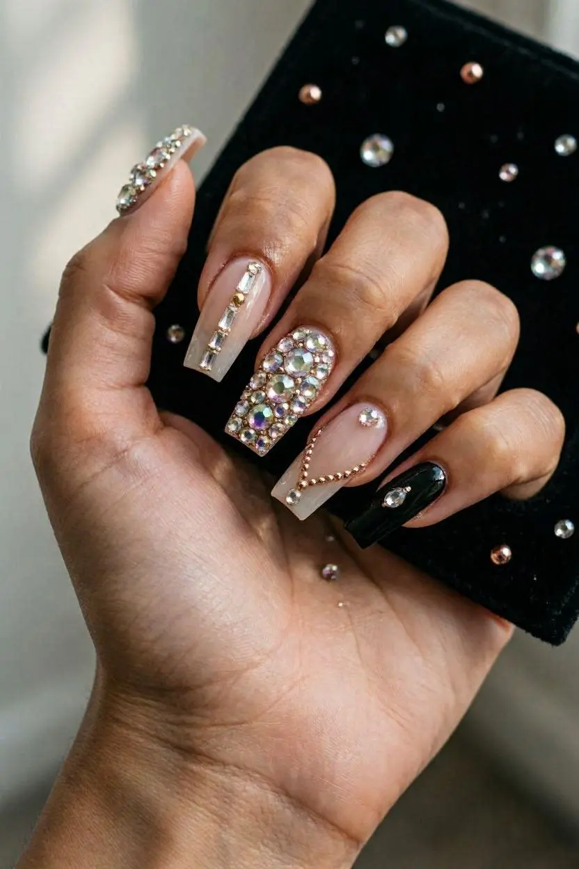Rhinestone and Embellished Coffin Nail Ideas