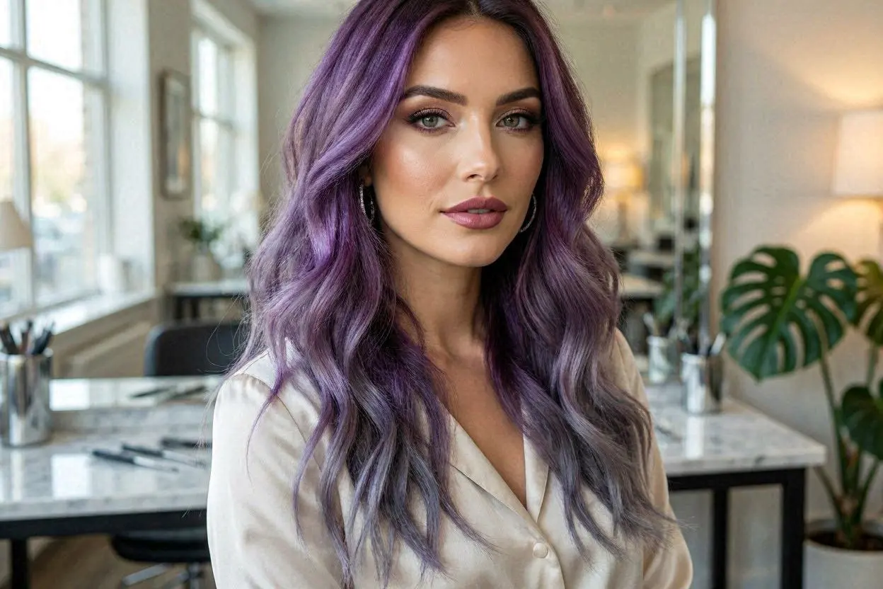 Purple-gray balayage hairstyle with soft waves and dimension.
