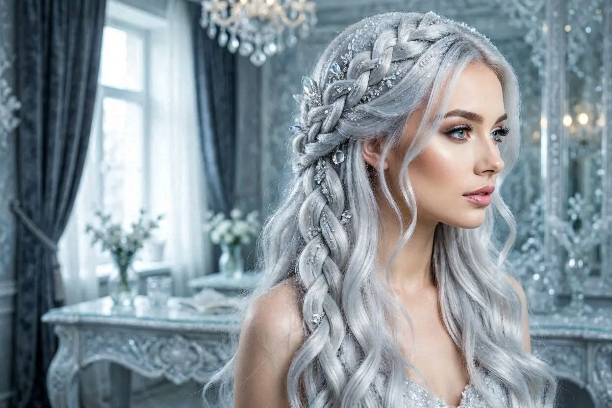 Long frosty silver hairstyle with icy platinum highlights.