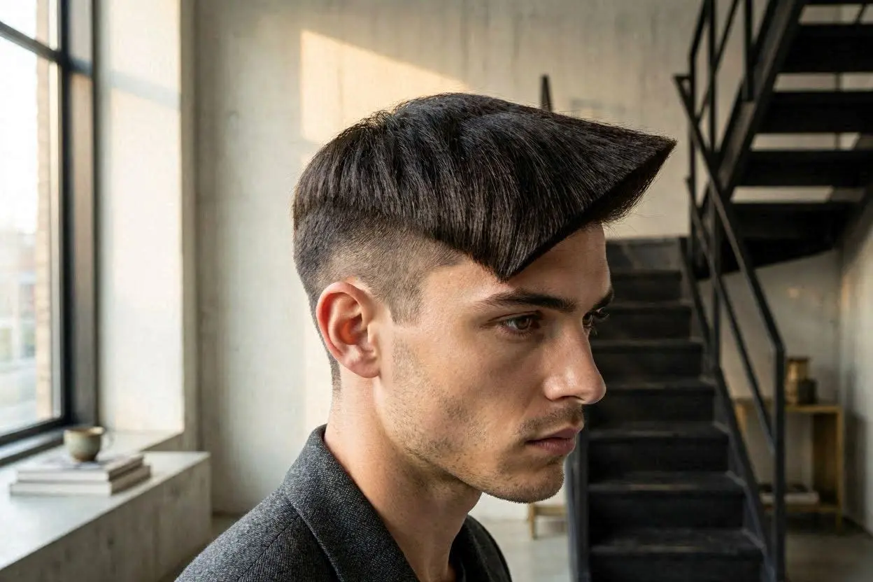 Artistic asymmetric flat-top haircut with creative modern styling.
