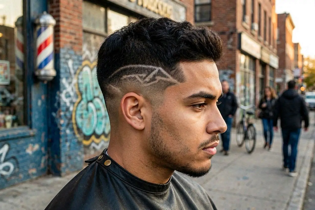 Natural flat-top haircut featuring artistic shaved side designs.