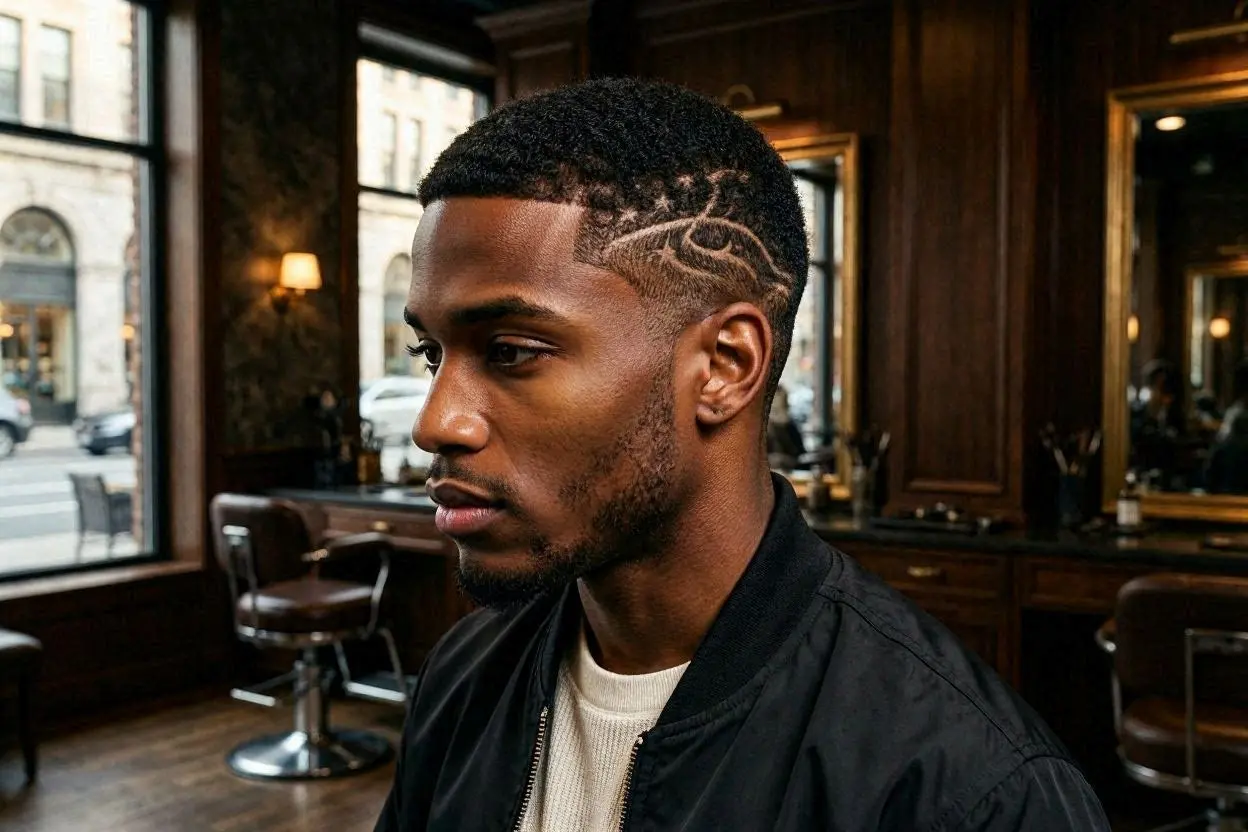 Textured flat-top haircut with detailed shaved patterns and volume.