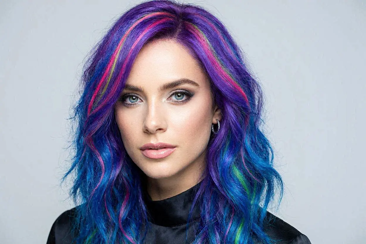 black hair with subtle rainbow highlights