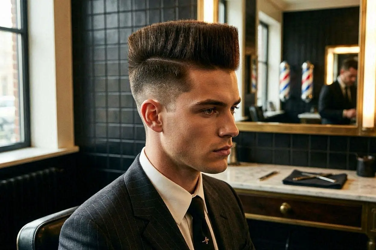 Very high flat-top haircut with dramatic height and structure.