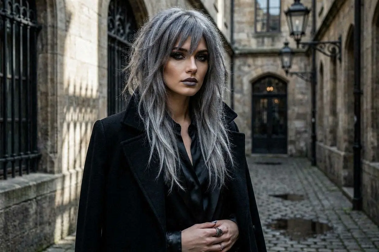 Dark silver-gray layered hairstyle with a gothic-inspired aesthetic.