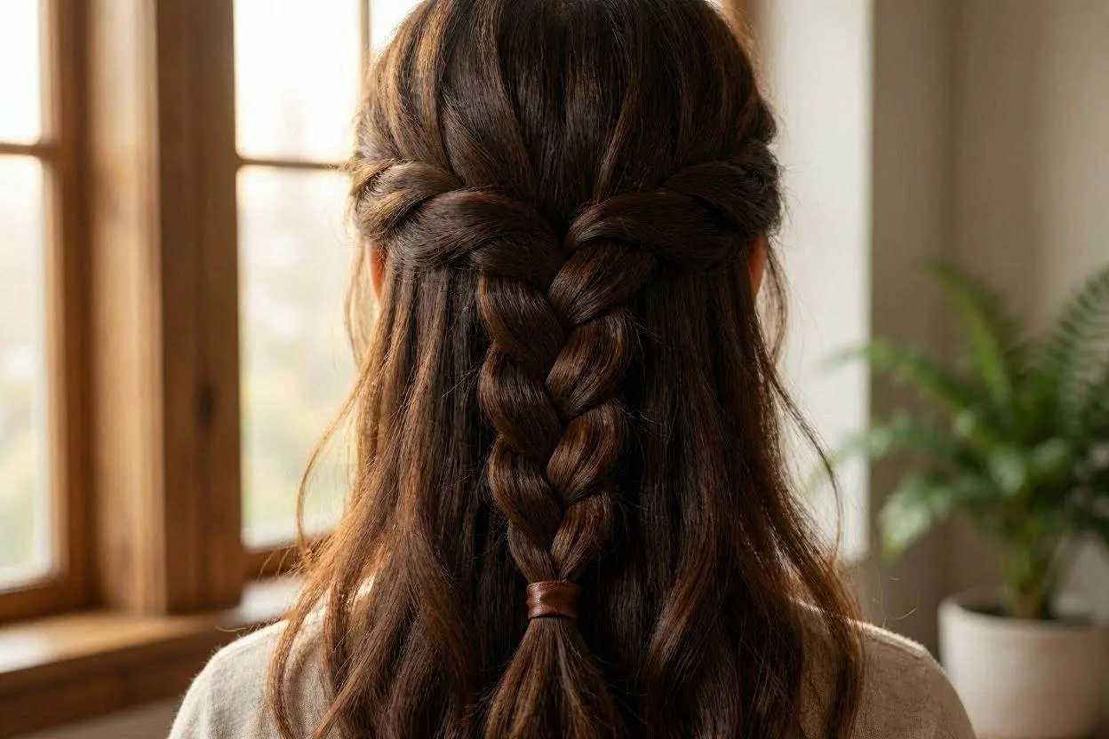 brown Long Hair Half Up Fishtail Braid