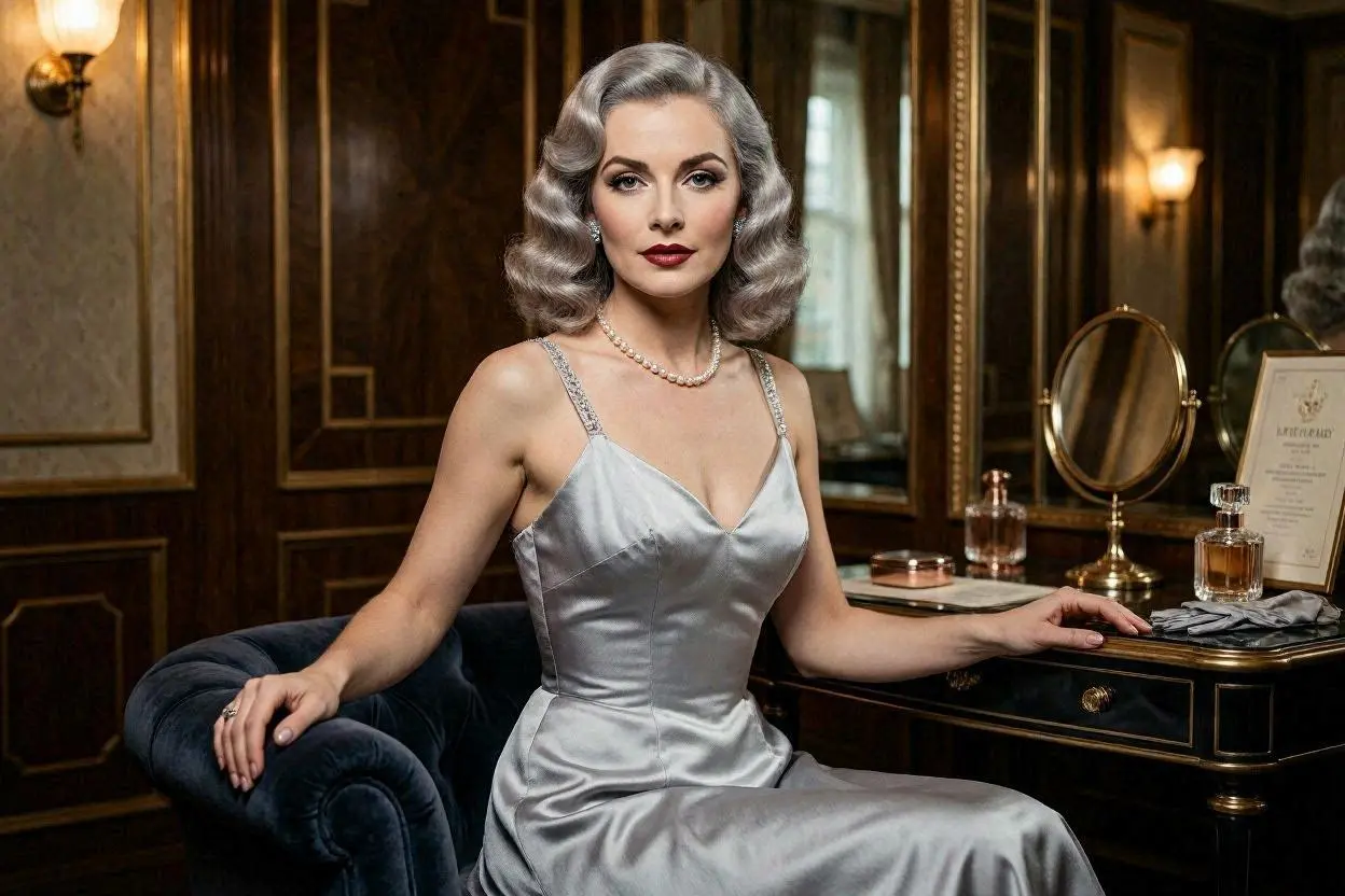 Vintage gray hairstyle with classic Hollywood-inspired waves and volume.