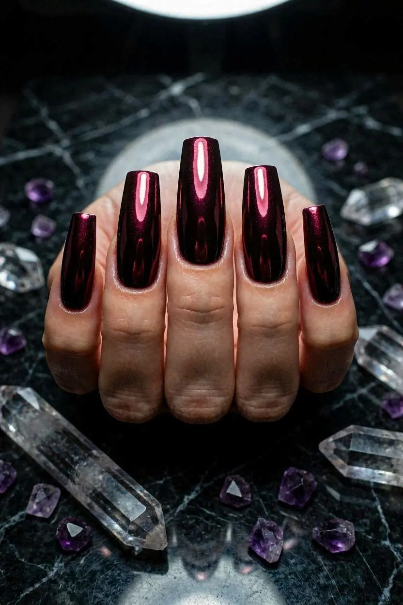 burgundy chrome nails french tip