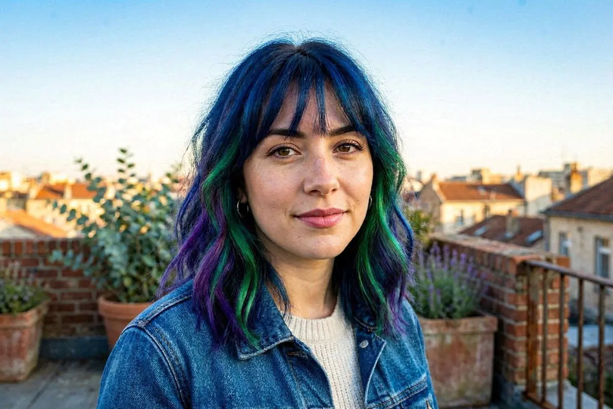 dark blue hair with green and purple highlights
