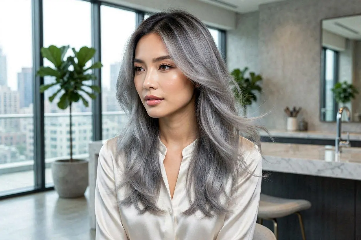 Ombre Flair Gray Hair Trend – Silver to charcoal gray ombre hairstyle with soft layers and glossy texture.
