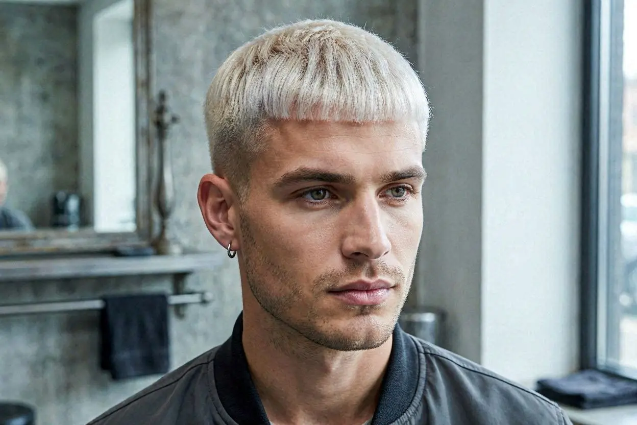 Blunt blonde flat-top haircut with sharp lines and bright color.