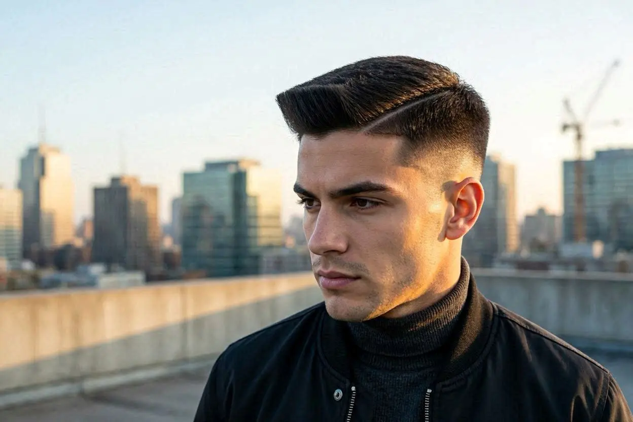 High flat-top haircut with an angled front and precise shape.