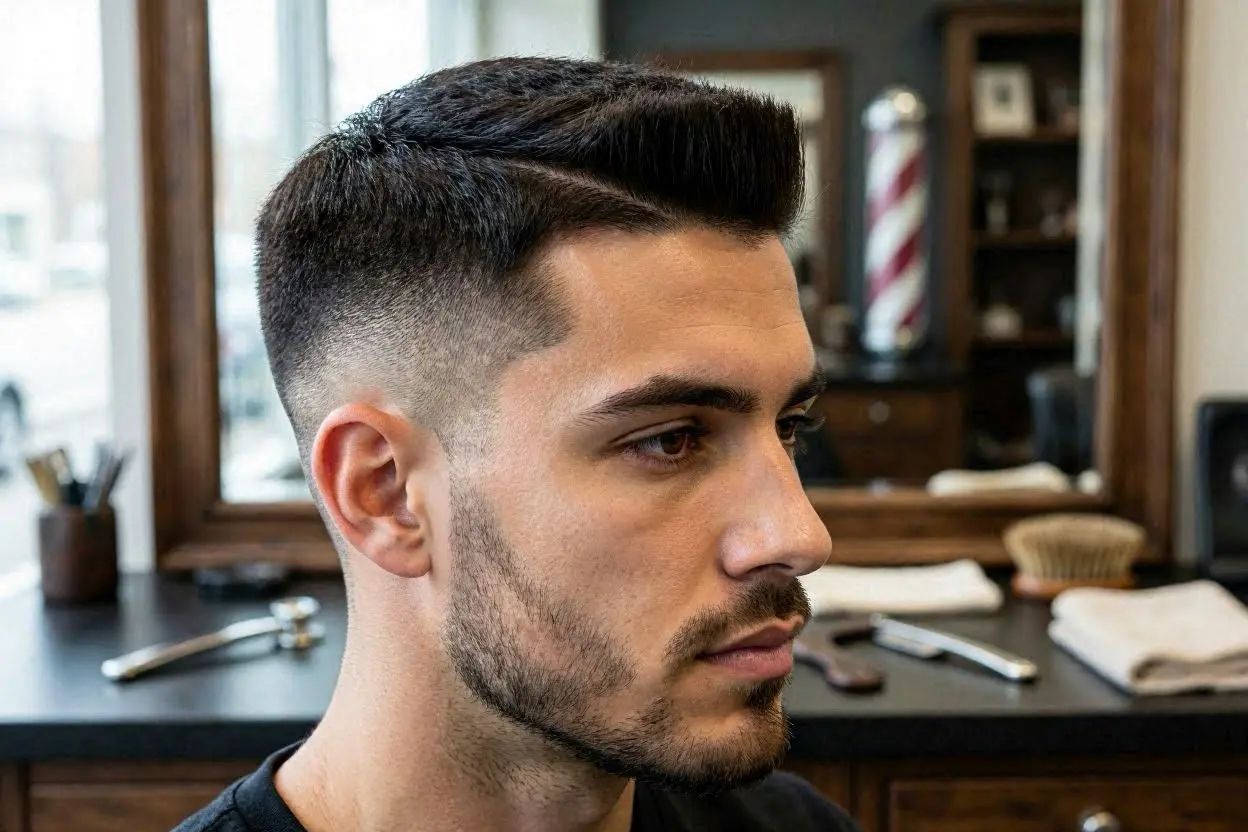 Flat-top haircut with a partial fade and sharp definition.