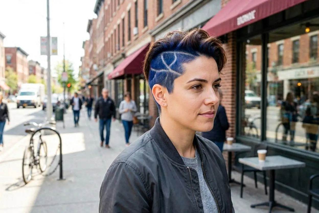  Geometric undercut hairstyle in cobalt blue with longer hair on top.
