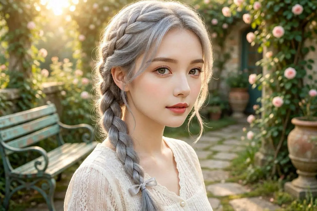 Romantic silver-gray braided hairstyle with intricate plait details.