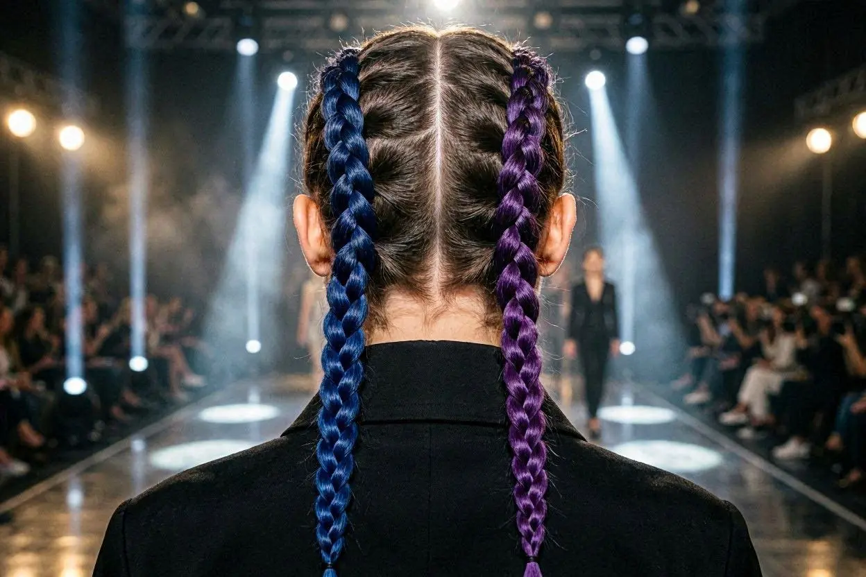 Double braid hairstyle with contrasting blue and purple sections.
