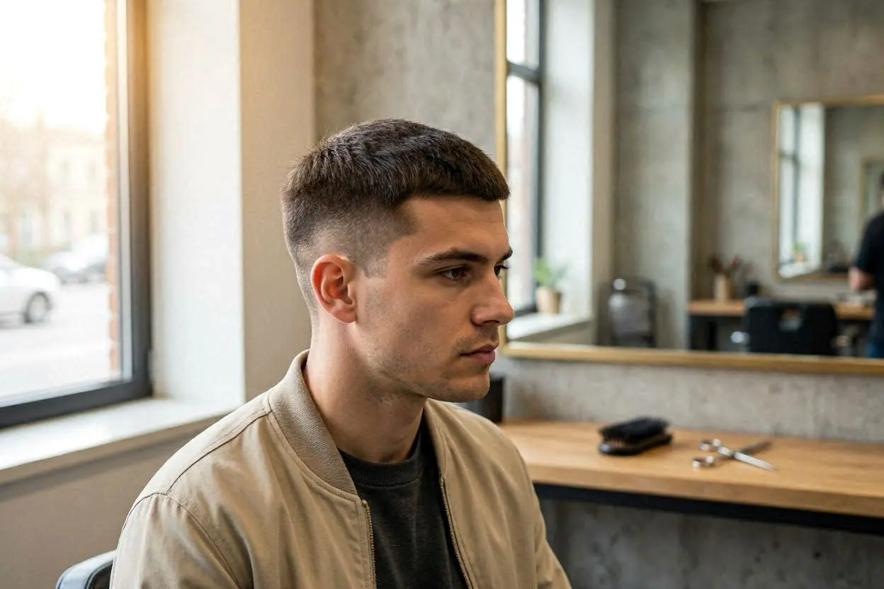 Mini flat-top haircut with short length and clean structure.