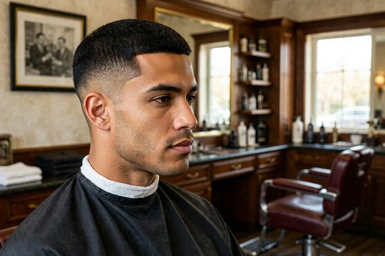 Black flat-top haircut with a clean fade and sharp definition.