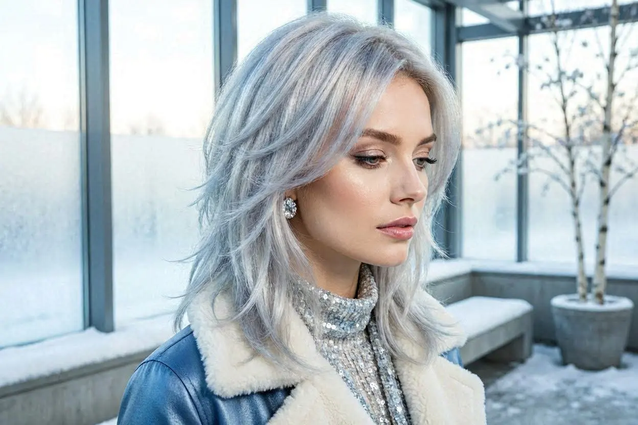 Icy silver layered hairstyle with soft volume and movement.