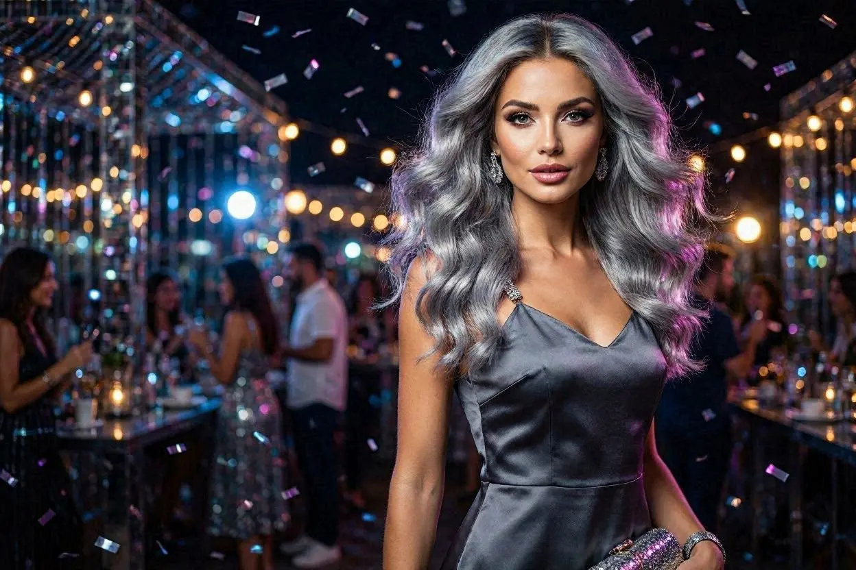 Metallic silver-gray wavy hairstyle styled for a glamorous party look.