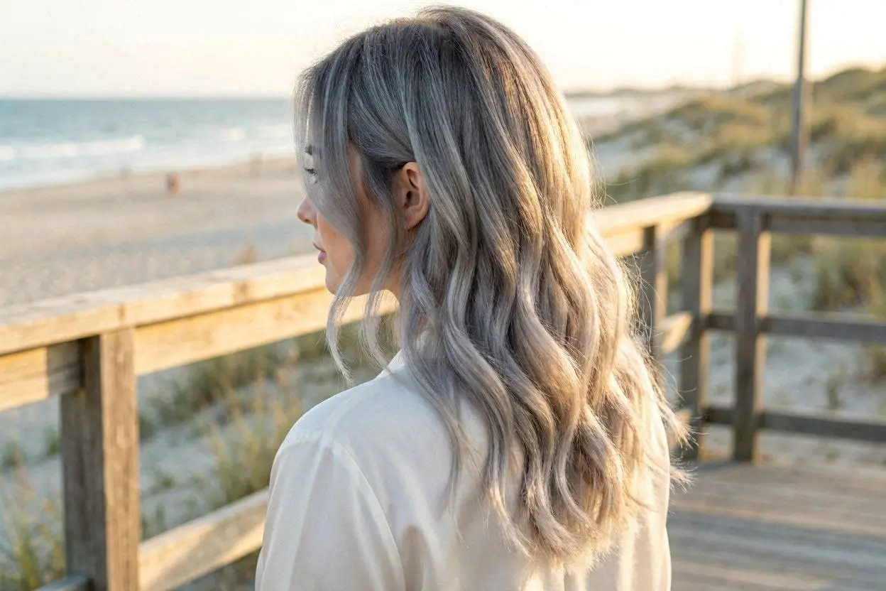 Ash gray ombre hairstyle blending dark roots into silver ends.