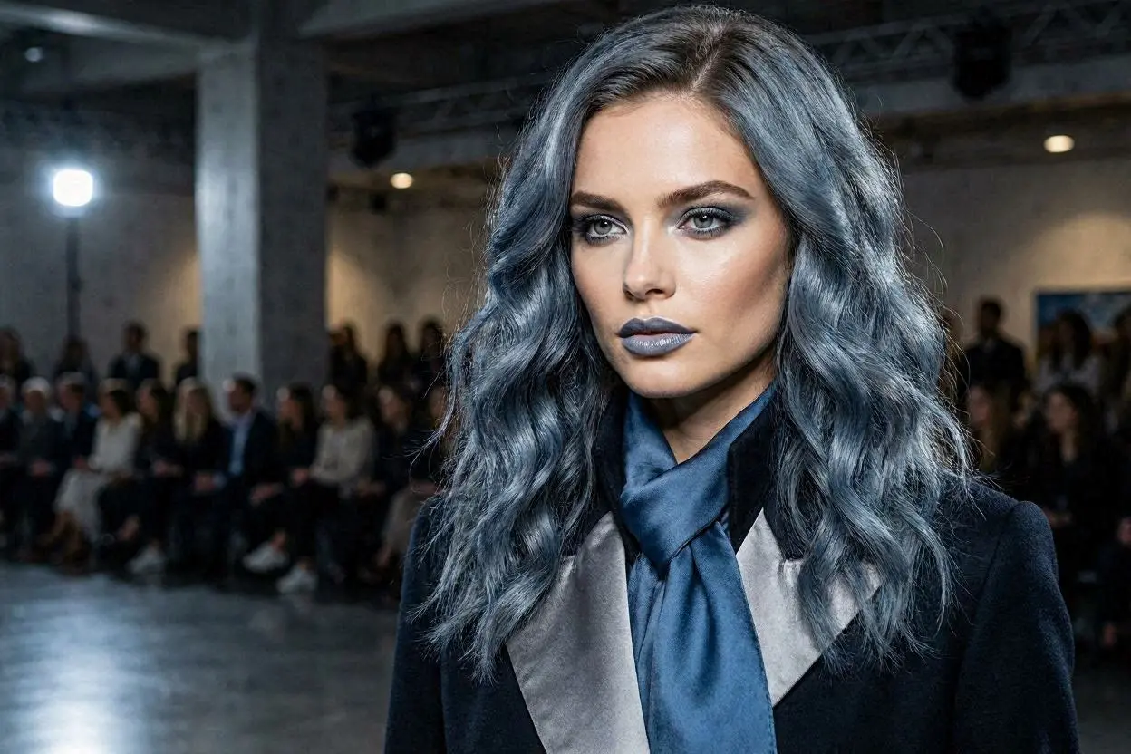 Blue steel gray wavy hairstyle with glossy shine and volume.