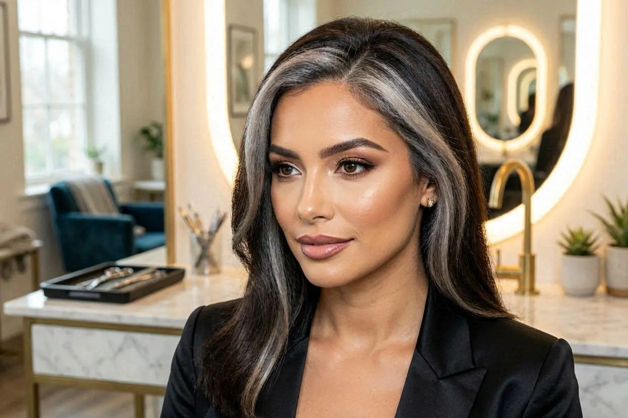 Dark hair with bold silver streak highlights and dimension.