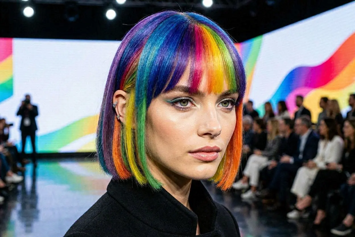 Rainbow hairstyle with bold blue and purple color blocks.