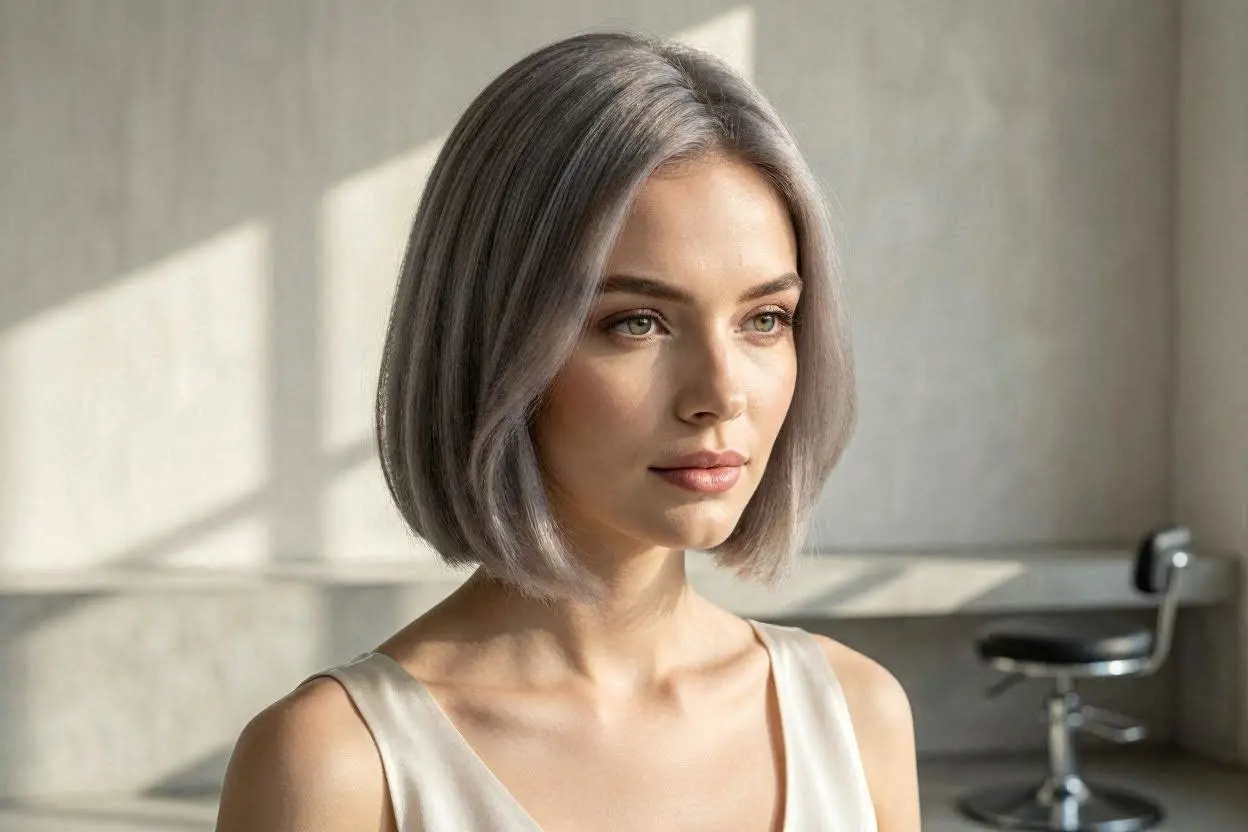 Soft neutral gray hairstyle with natural shine and dimension.