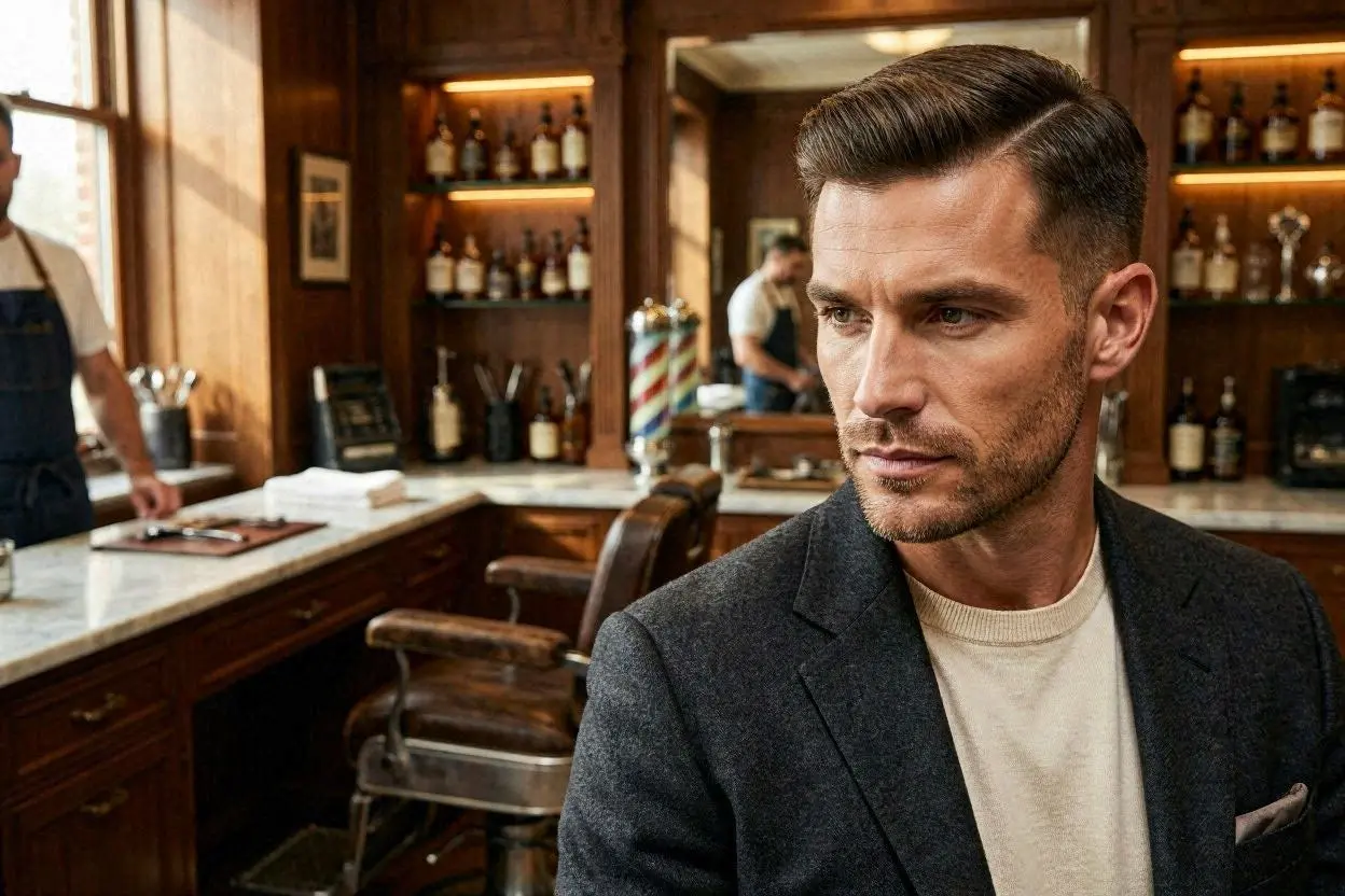 Side part flat-top haircut with sharp lines and clean faded sides.