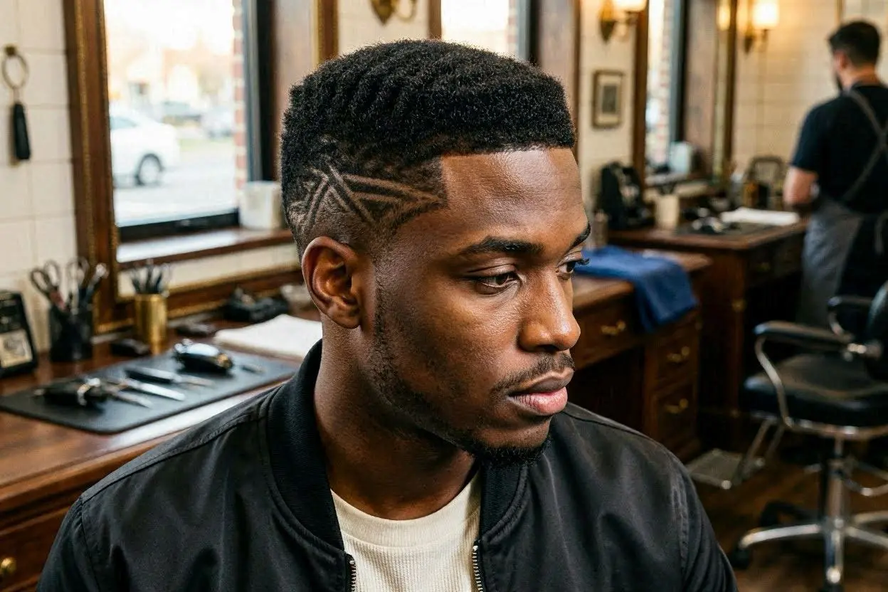 High flat-top haircut with intricate shaved side designs.