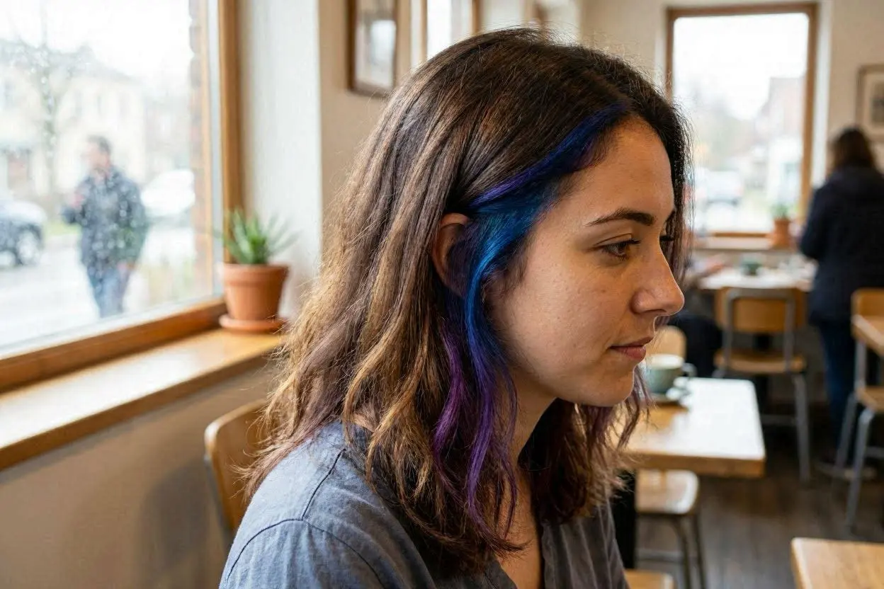 Stained glass hairstyle with blue and purple panels at the temples.