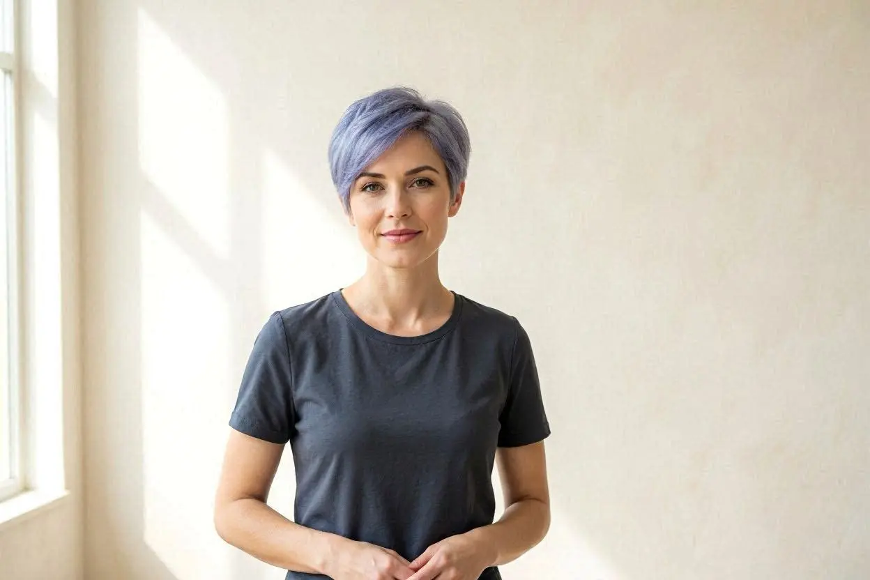 Periwinkle blue pixie haircut in a soft single shade.