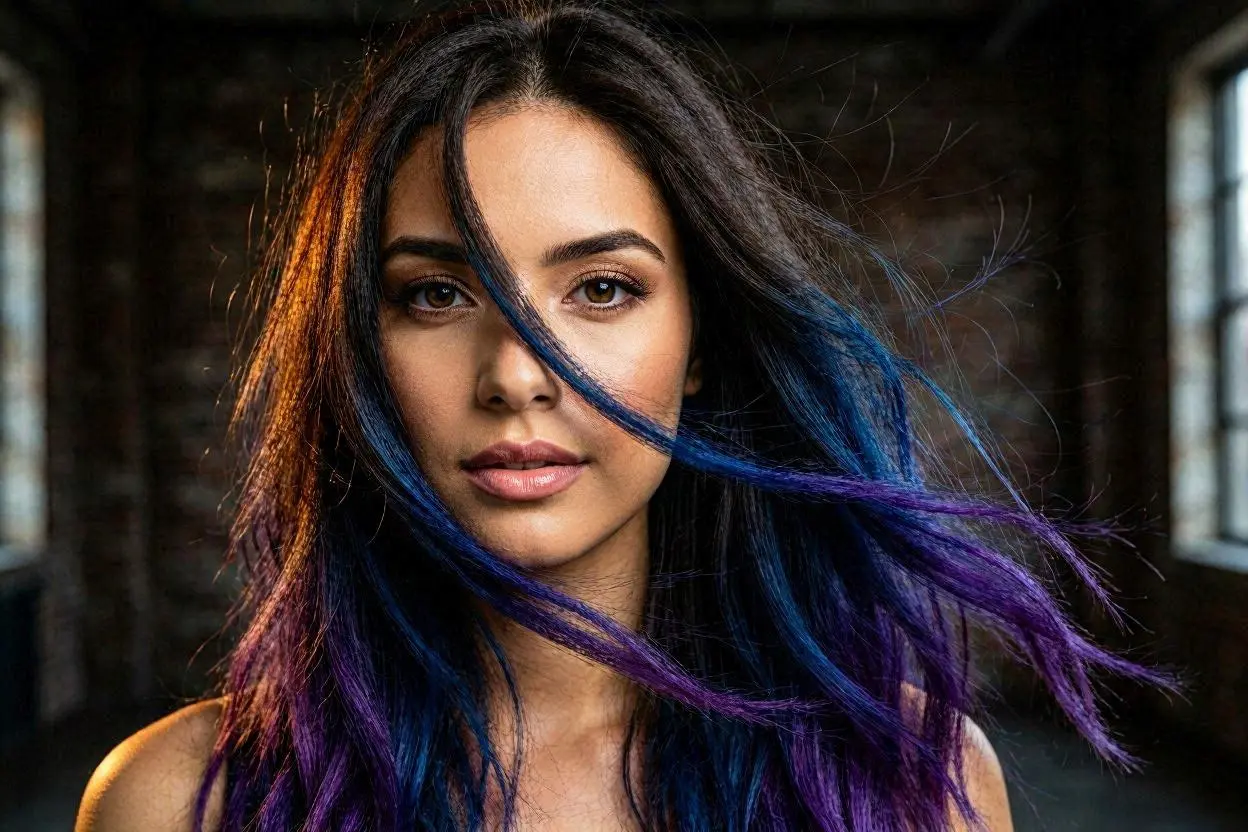 Technicolor ombre hairstyle with dark roots and bold blue-purple ends.
