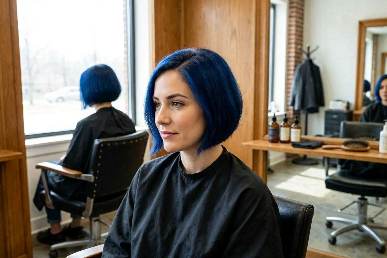 Bright bob haircut in bold royal blue with a blunt cut.