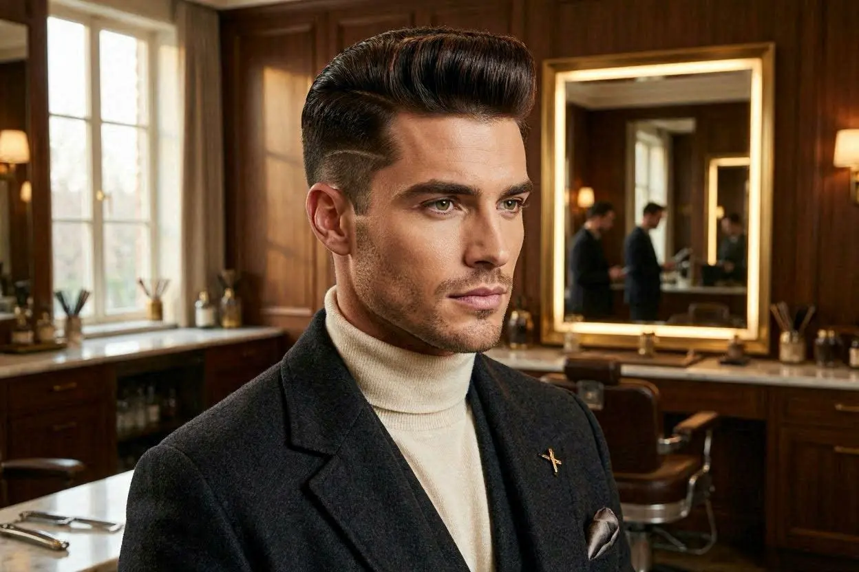 Pompadour flat-top haircut combining height, volume, and structure.