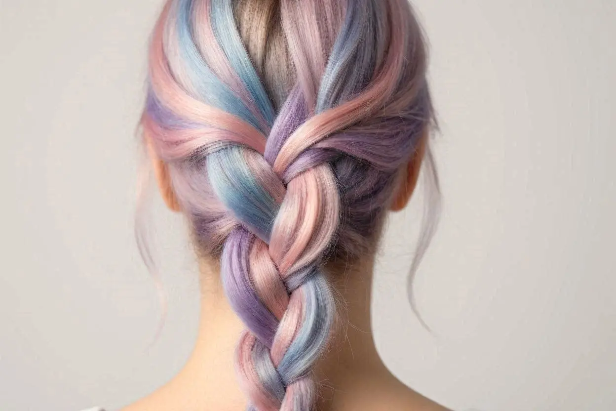 Pastel opal braid hairstyle with blue, lilac, and pink tones.